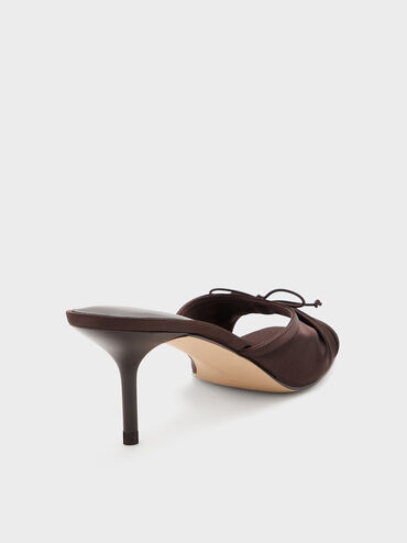 Satin Ruched Bow Heeled Mules, Dark Brown, hi-res