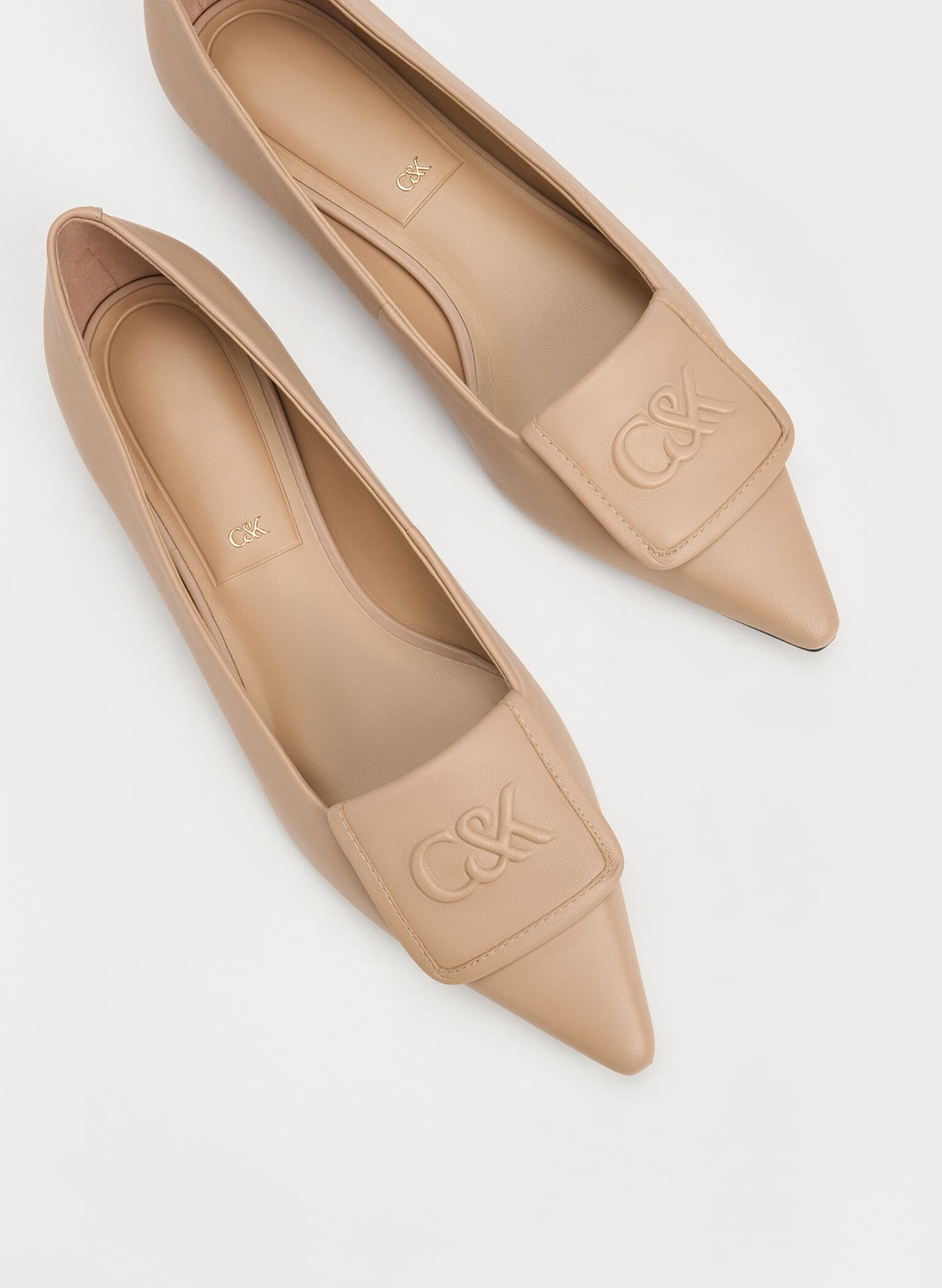 Leather Pointed-Toe Flats, Nude, hi-res