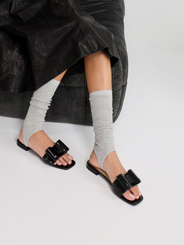 Lu Patent Leather Bow Slide Sandals, Black Patent, hi-res