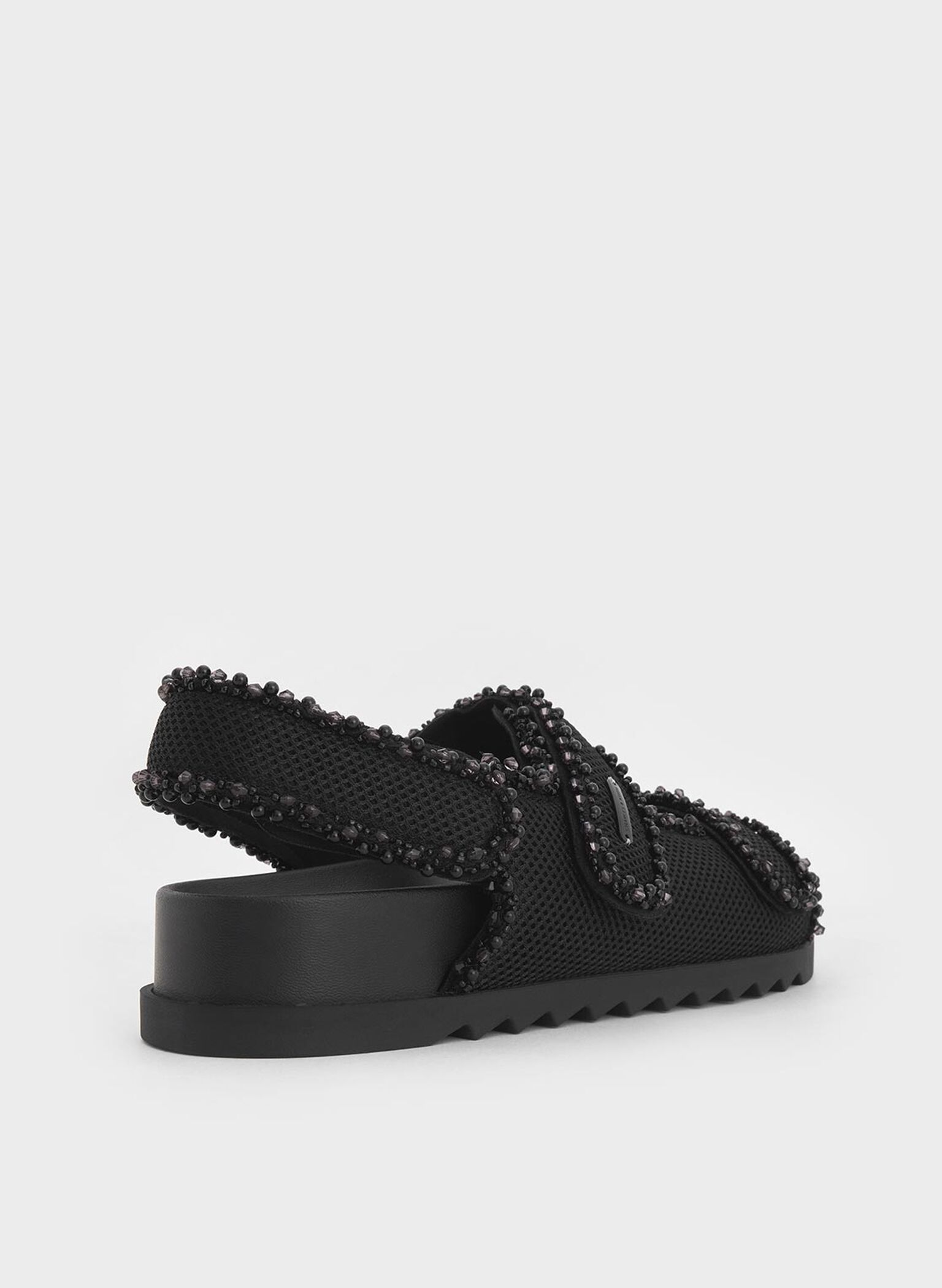 Mesh Pearl-Embellished Flatform Sandals, Black Textured, hi-res