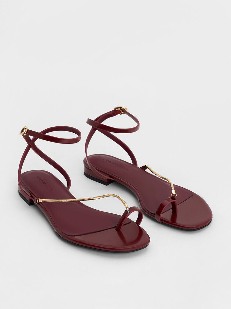 Chain-Strap Square-Toe Heeled Sandals, Burgundy, hi-res