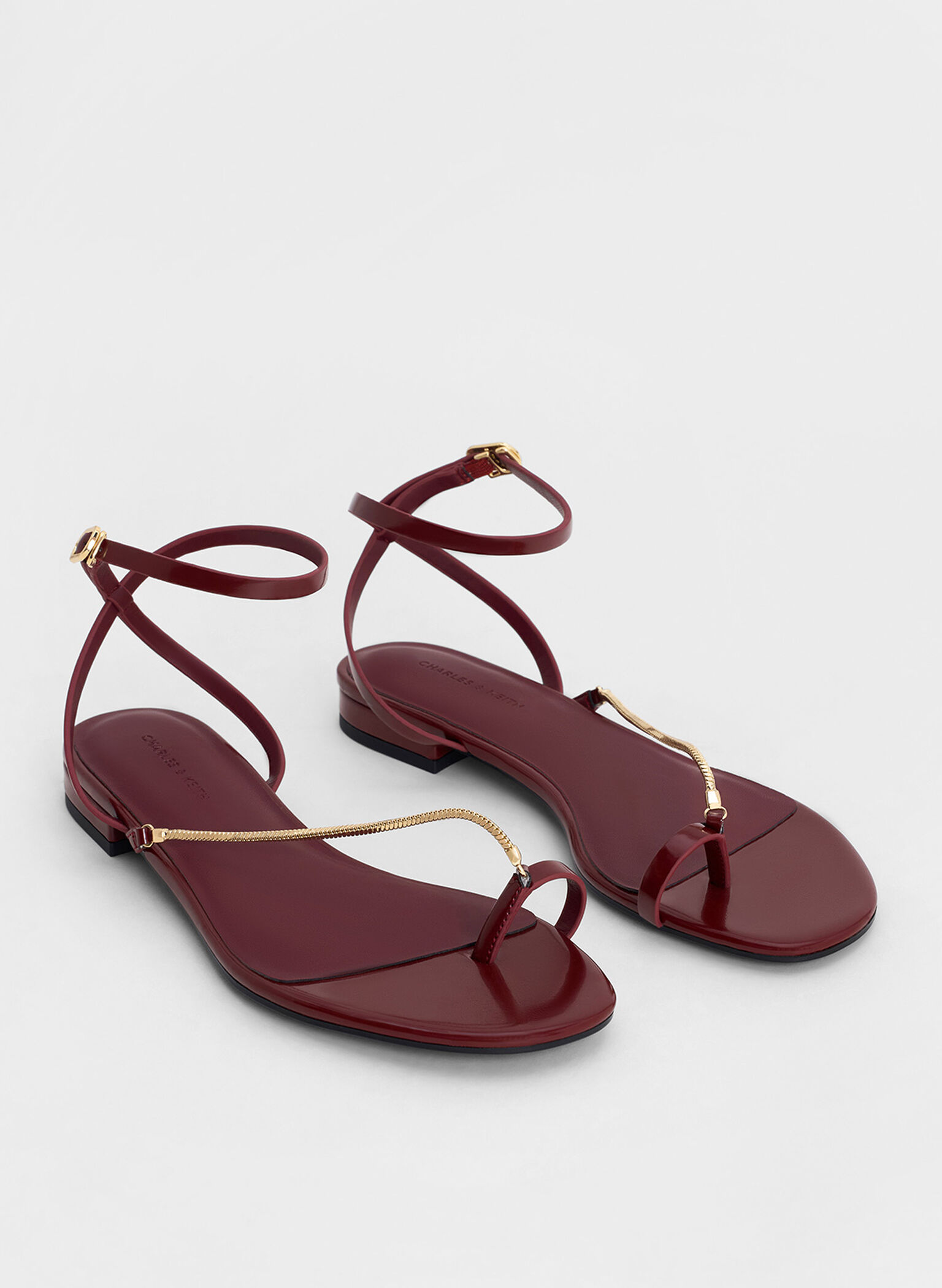 Chain-Strap Square-Toe Heeled Sandals, Burgundy, hi-res
