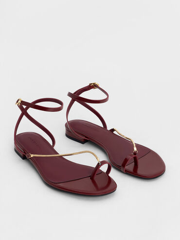 Chain-Strap Square-Toe Heeled Sandals, Burgundy, hi-res