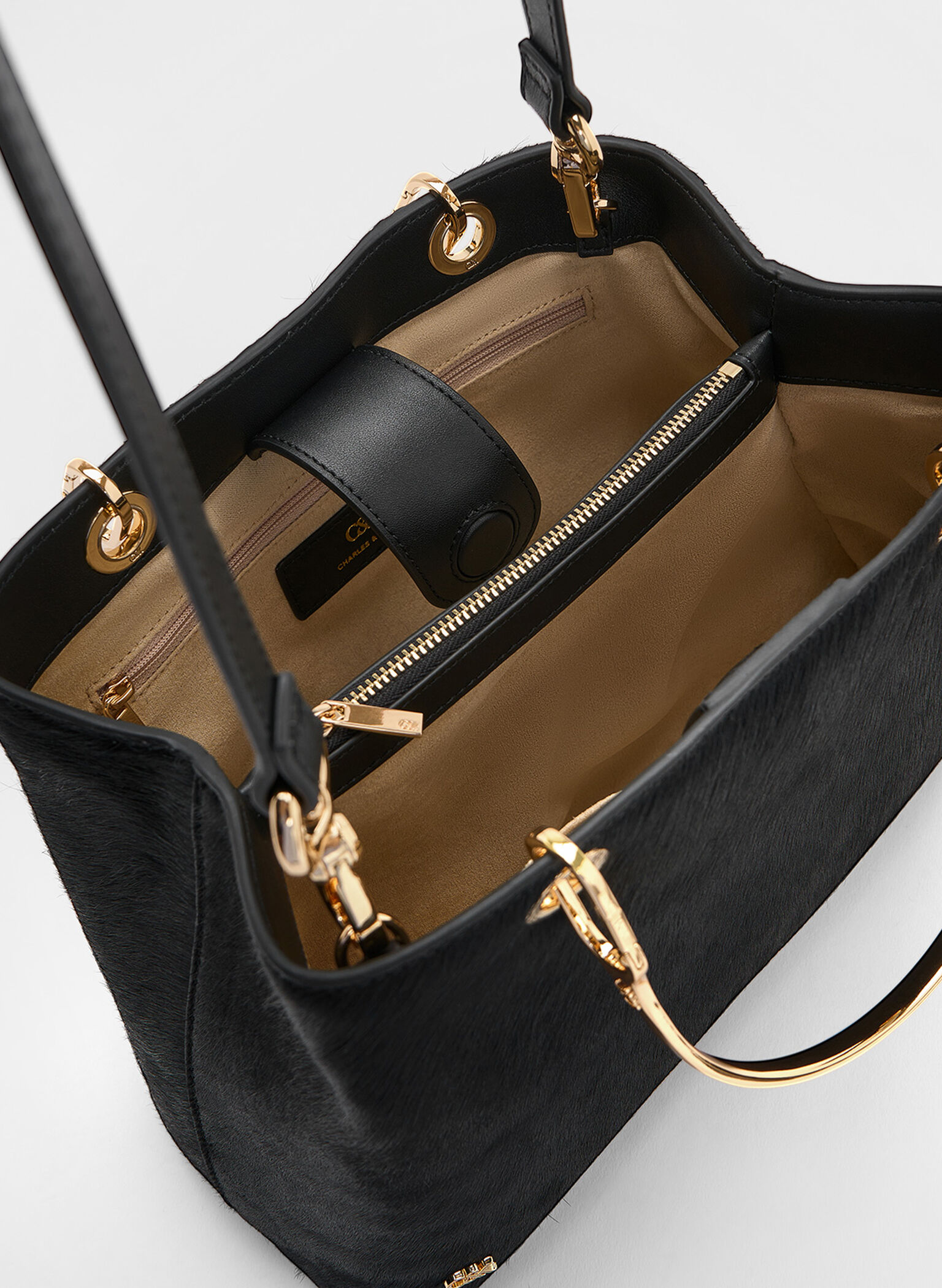Pony Hair & Leather Ring-Handle Bag, Black, hi-res