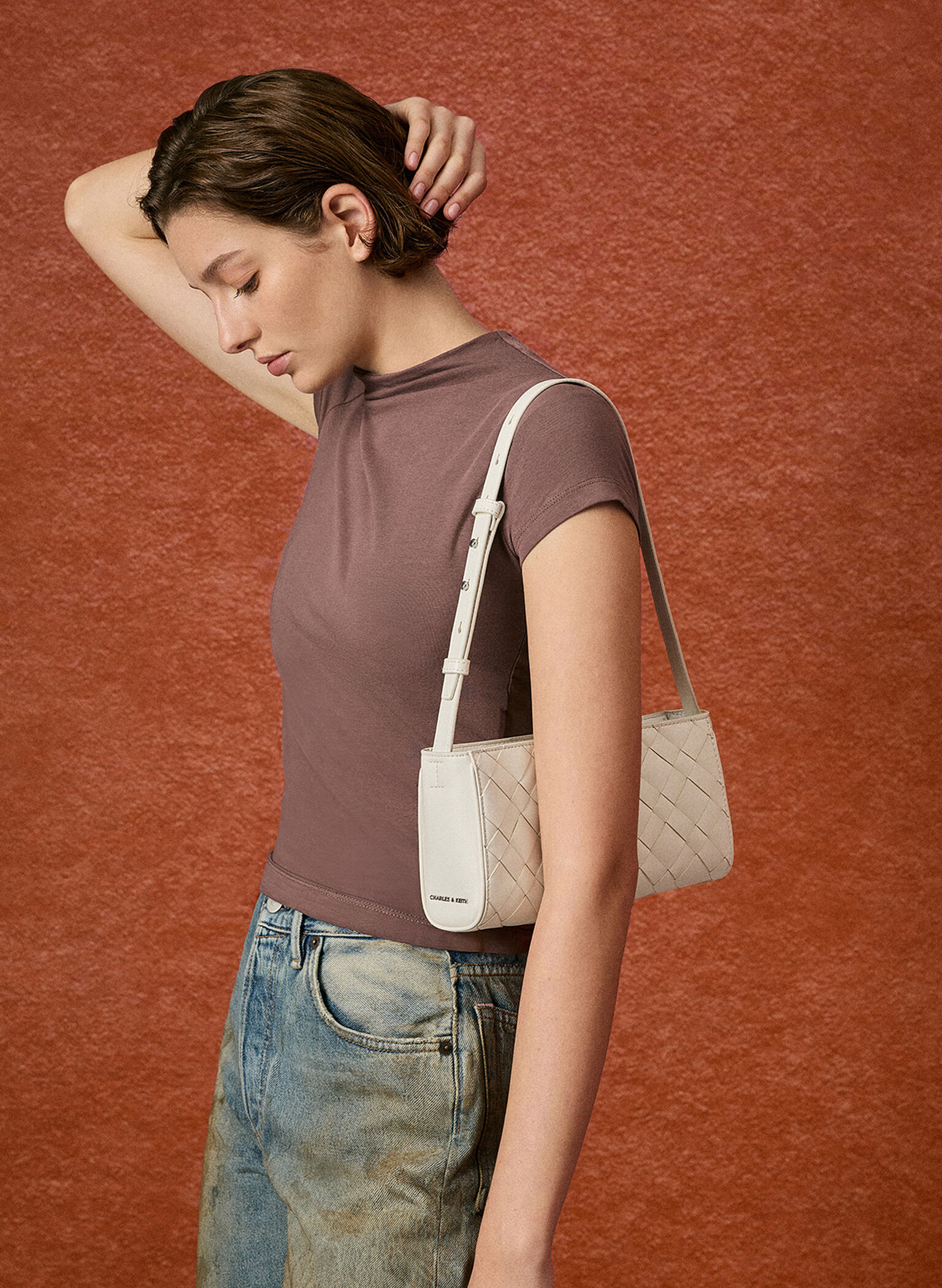 Ivette Woven Elongated Shoulder Bag, Cream, hi-res