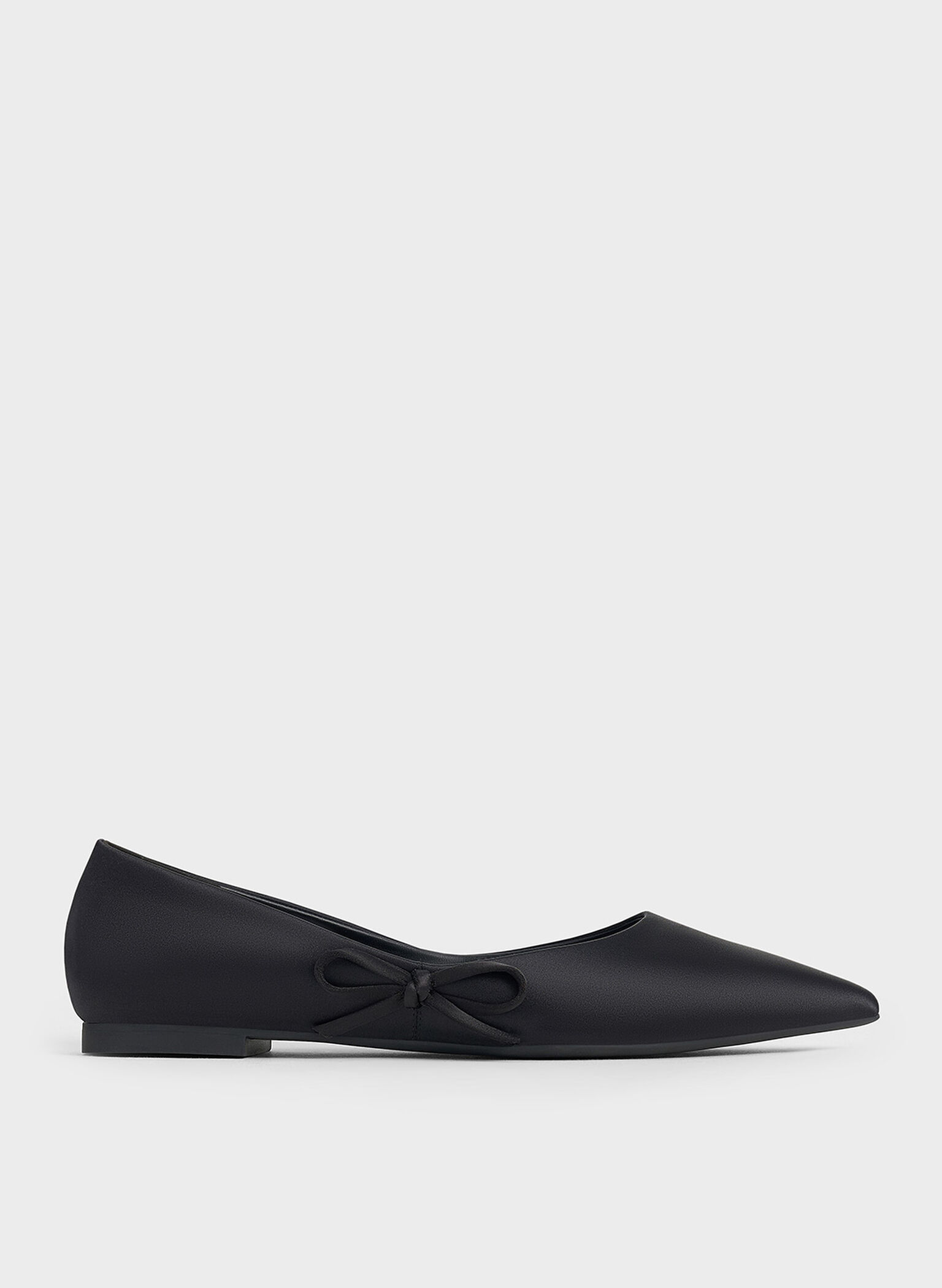 Satin Bow Pointed-Toe Flats, Black Textured, hi-res