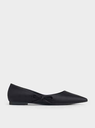 Satin Bow Pointed-Toe Flats, Black Textured, hi-res