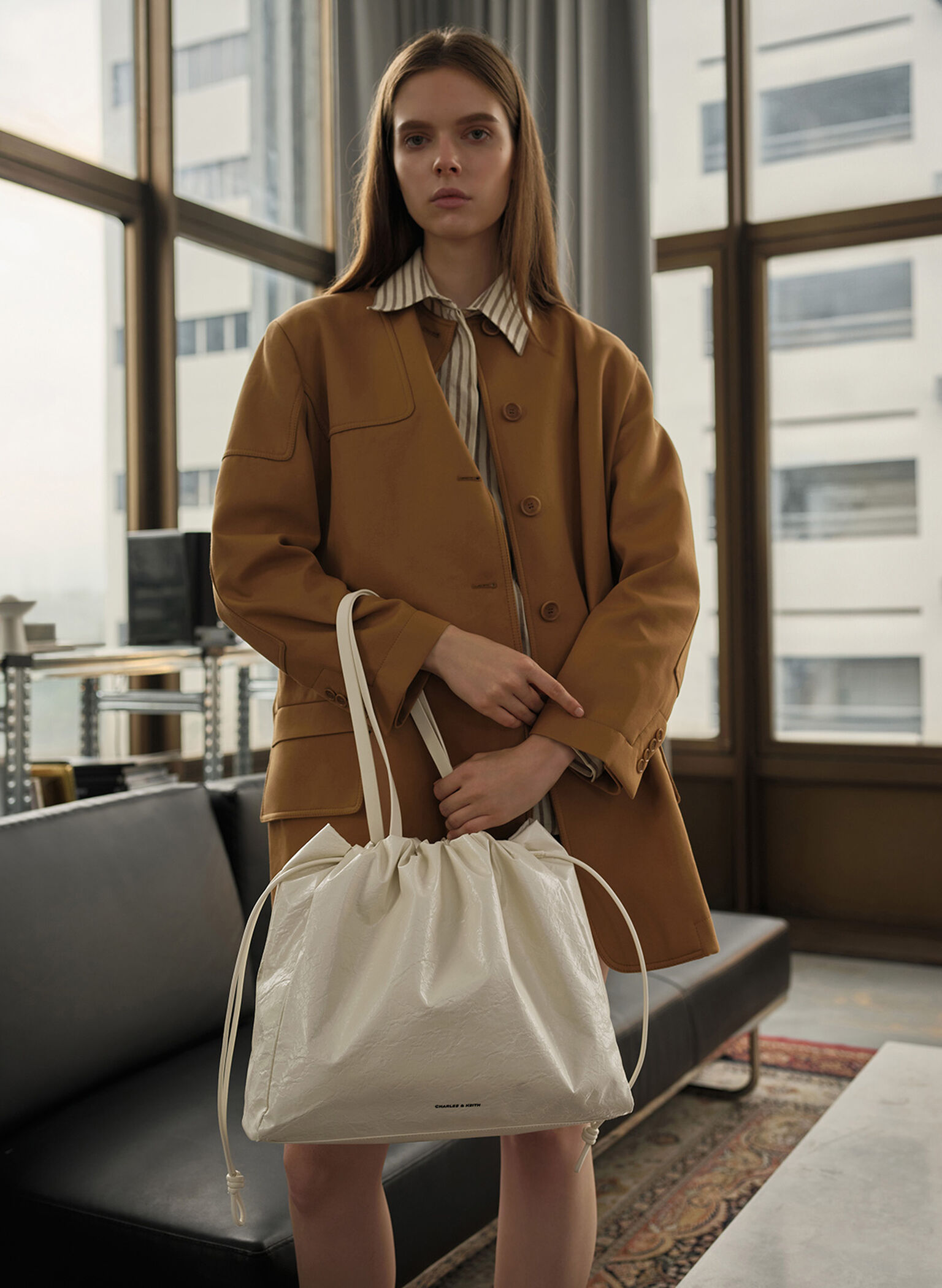 Bethel Crinkle-Effect Ruched Drawstring Tote Bag, Cream, hi-res