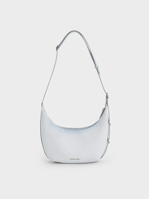 Bryna Denim Curved Hobo Bag, Light Washed Denim, hi-res