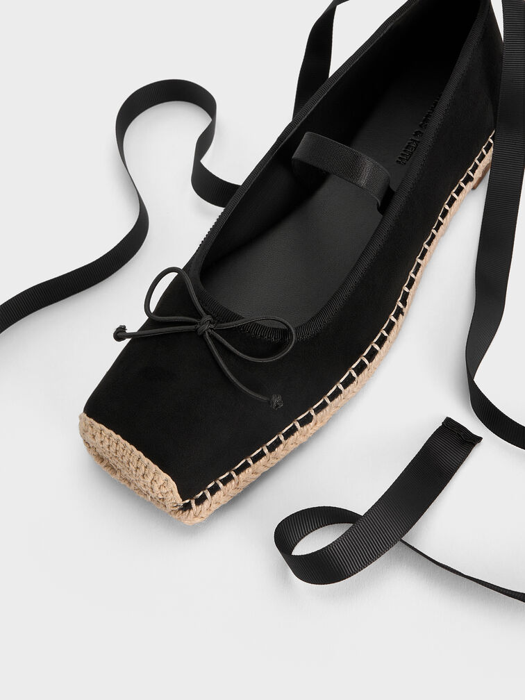 Faux Suede Bow Tie-Around Espadrille Ballet Flats, Black Textured, hi-res