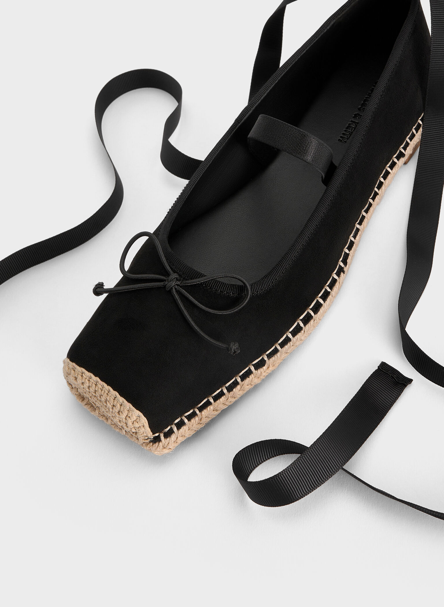 Faux Suede Bow Tie-Around Espadrille Ballet Flats, Black Textured, hi-res