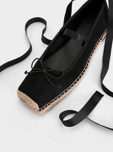 Faux Suede Bow Tie-Around Espadrille Ballet Flats, Black Textured, hi-res