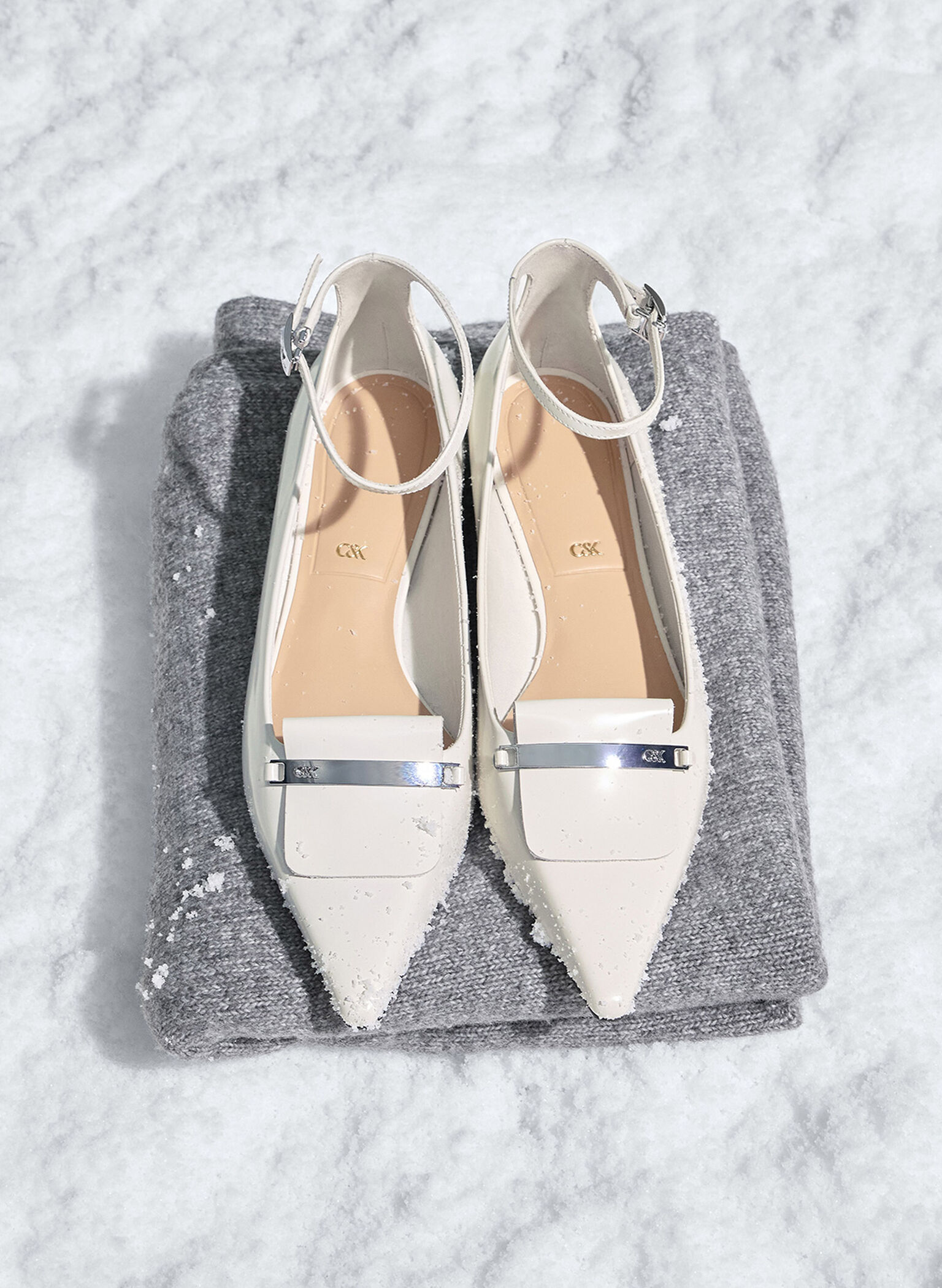 Leather Metallic-Accent Pointed-Toe Ankle-Strap Flats, Chalk, hi-res