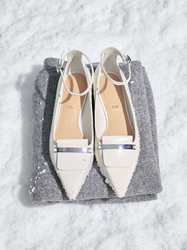 Leather Metallic-Accent Pointed-Toe Ankle-Strap Flats, Chalk, hi-res