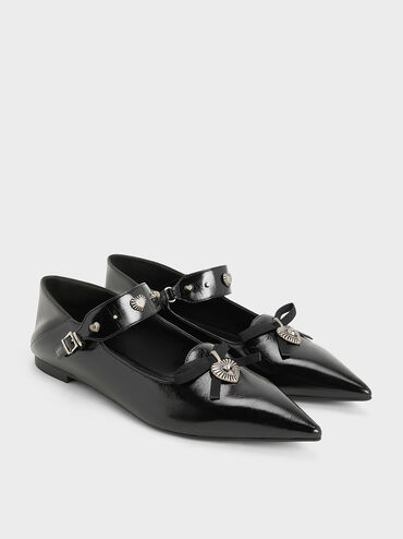Studded Heart-Embellished Pointed-Toe Mary Janes, Black, hi-res
