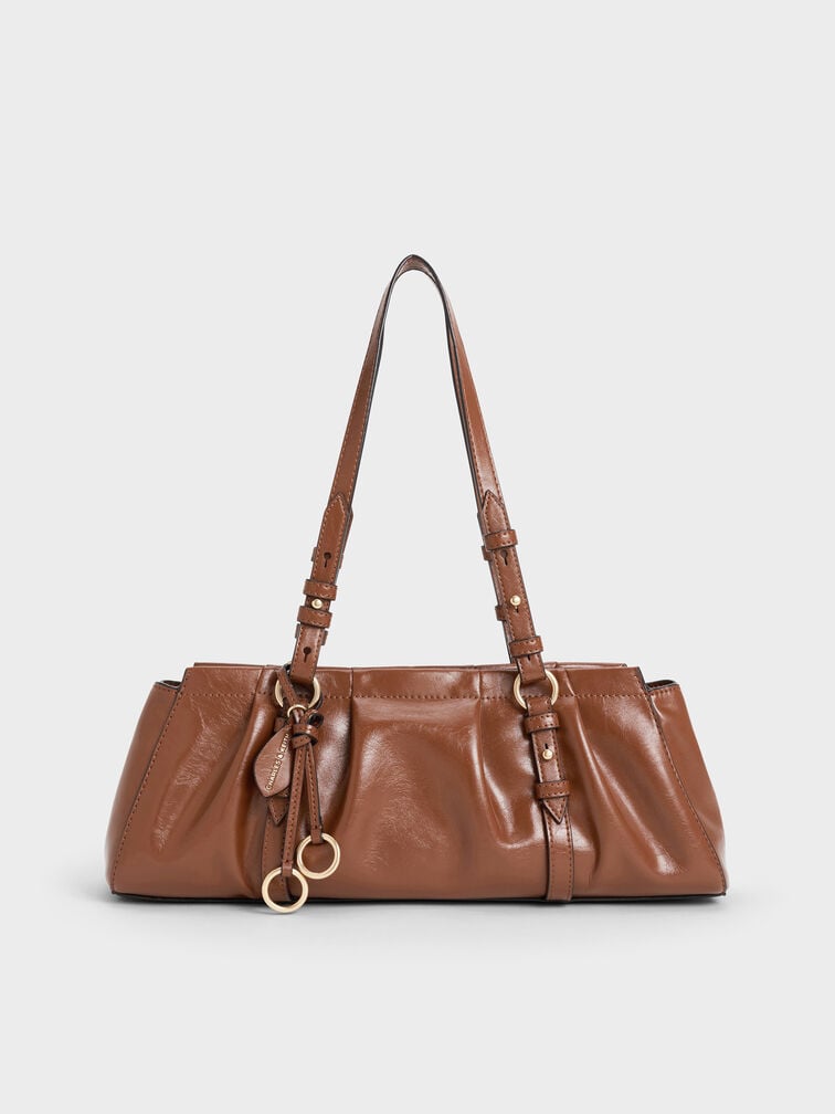 Britton Ruched Elongated Shoulder Bag, Chocolate, hi-res