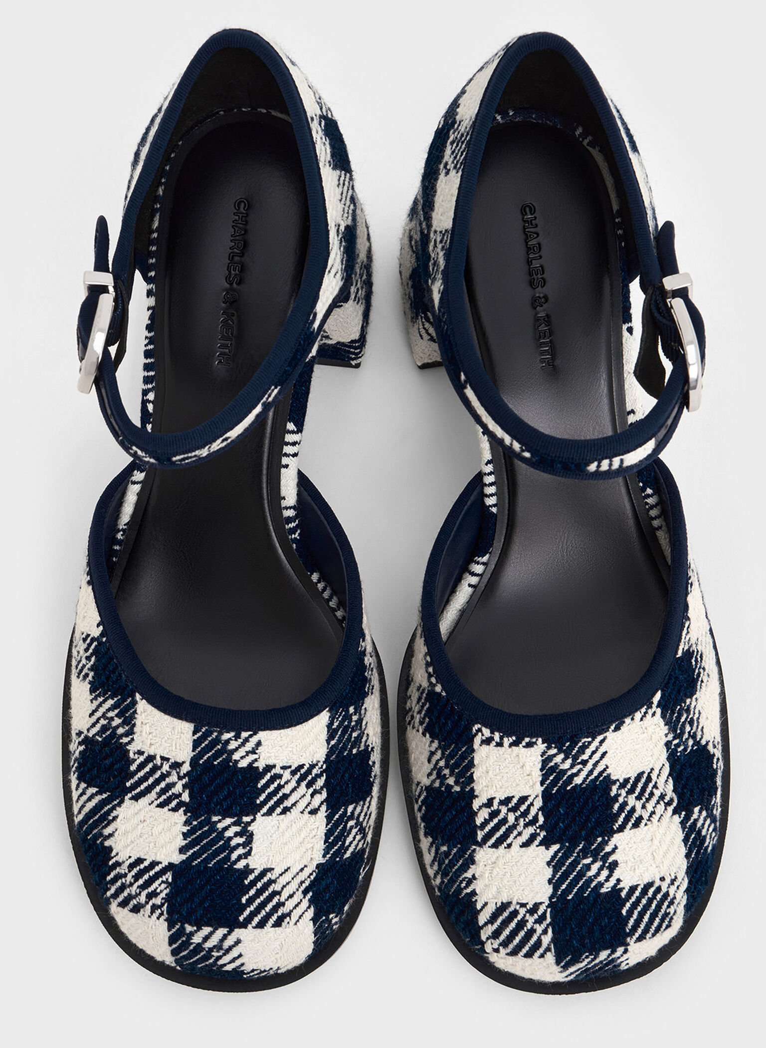 Checkered Block-Heel Ankle-Strap D'Orsay Pumps, Dark Blue, hi-res