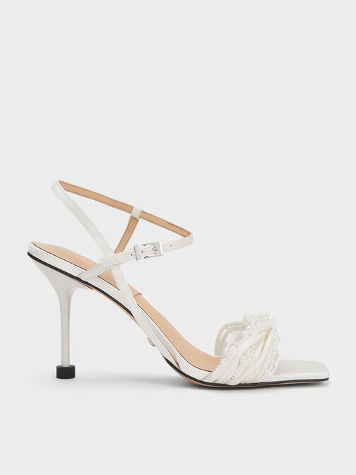 Leda Beaded Asymmetric Satin Sandals, White, hi-res