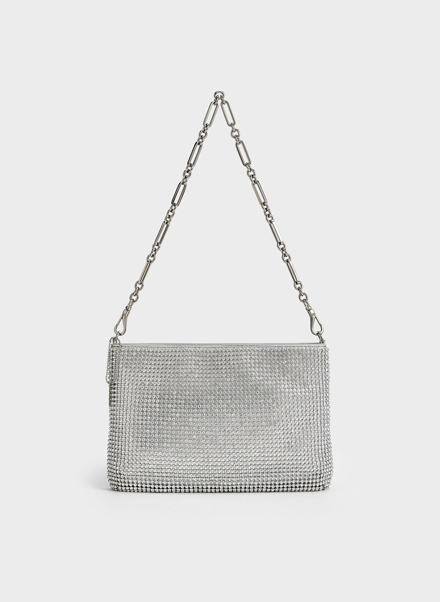 Crystal-Embellished Chain-Handle Shoulder Bag, Silver, hi-res