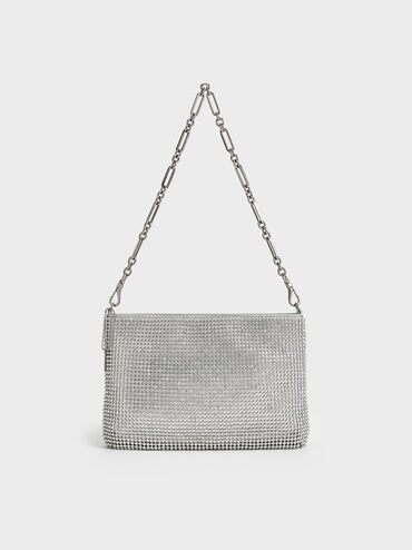 Crystal-Embellished Chain-Handle Shoulder Bag, Silver, hi-res