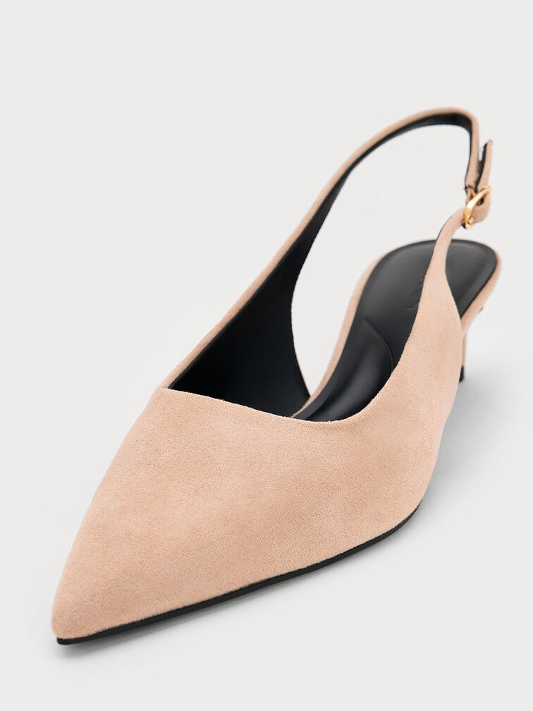 Faux Suede Pointed-Toe Kitten-Heel Slingback Pumps, Nude, hi-res