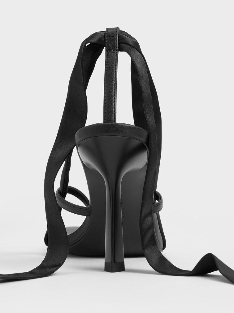 Recycled Polyester Tie-Around Heeled Thong Sandals, Black, hi-res