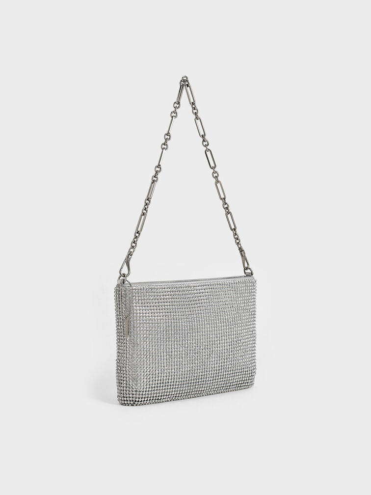 Crystal-Embellished Chain-Handle Shoulder Bag, Silver, hi-res