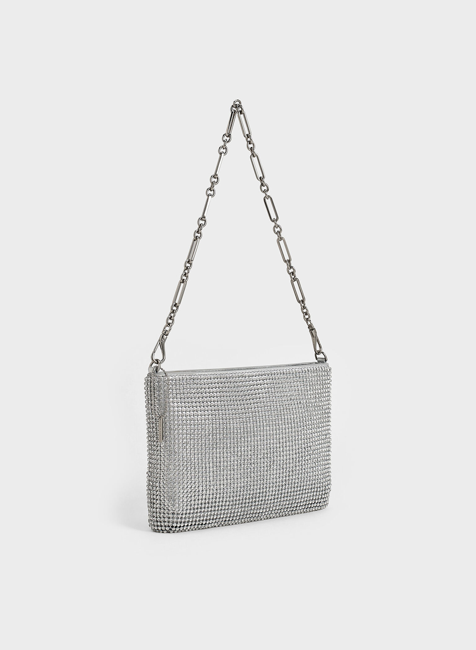 Crystal-Embellished Chain-Handle Shoulder Bag, Silver, hi-res