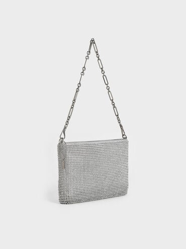 Crystal-Embellished Chain-Handle Shoulder Bag, Silver, hi-res