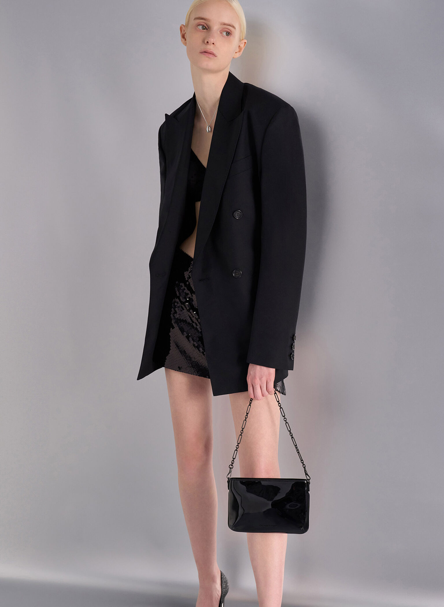 Patent Chain-Handle Shoulder Bag, Jet Black, hi-res