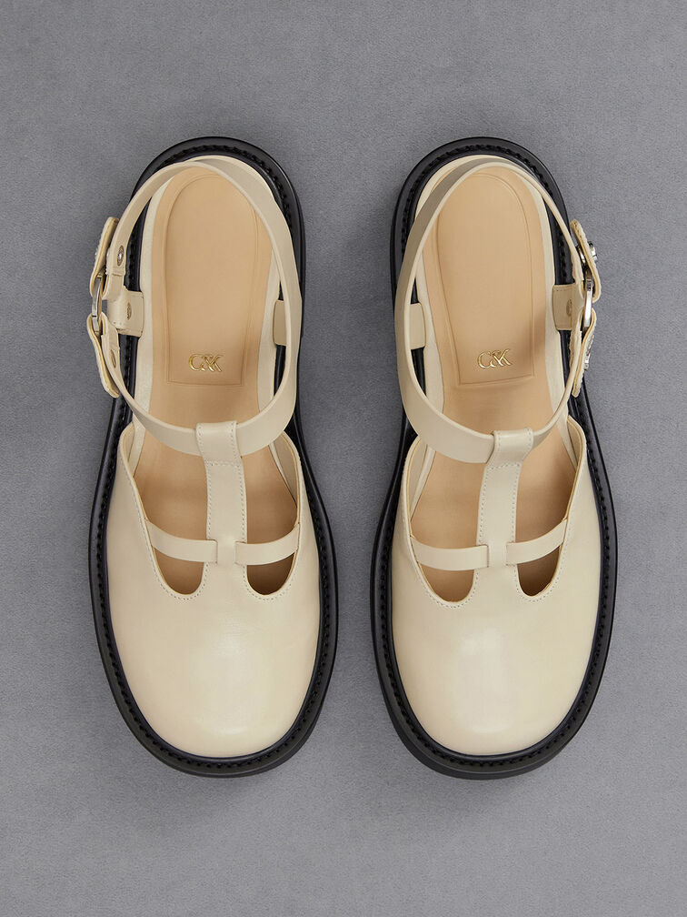 Leather Cut-Out T-Bar Mary Jane Flats, Chalk, hi-res