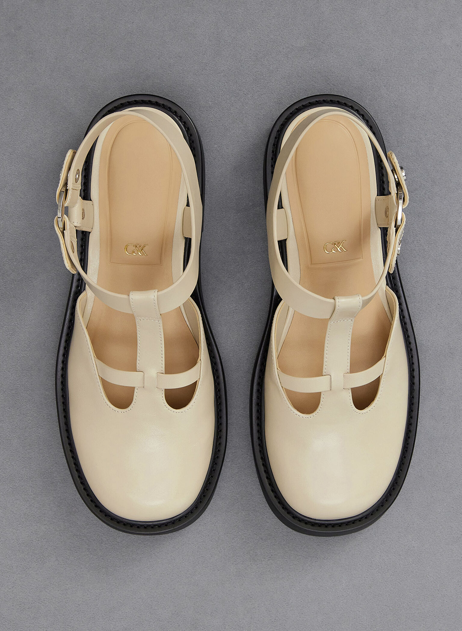 Leather Cut-Out T-Bar Mary Jane Flats, Chalk, hi-res