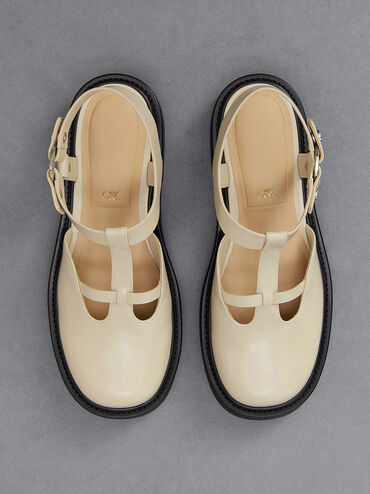 Leather Cut-Out T-Bar Mary Jane Flats, Chalk, hi-res