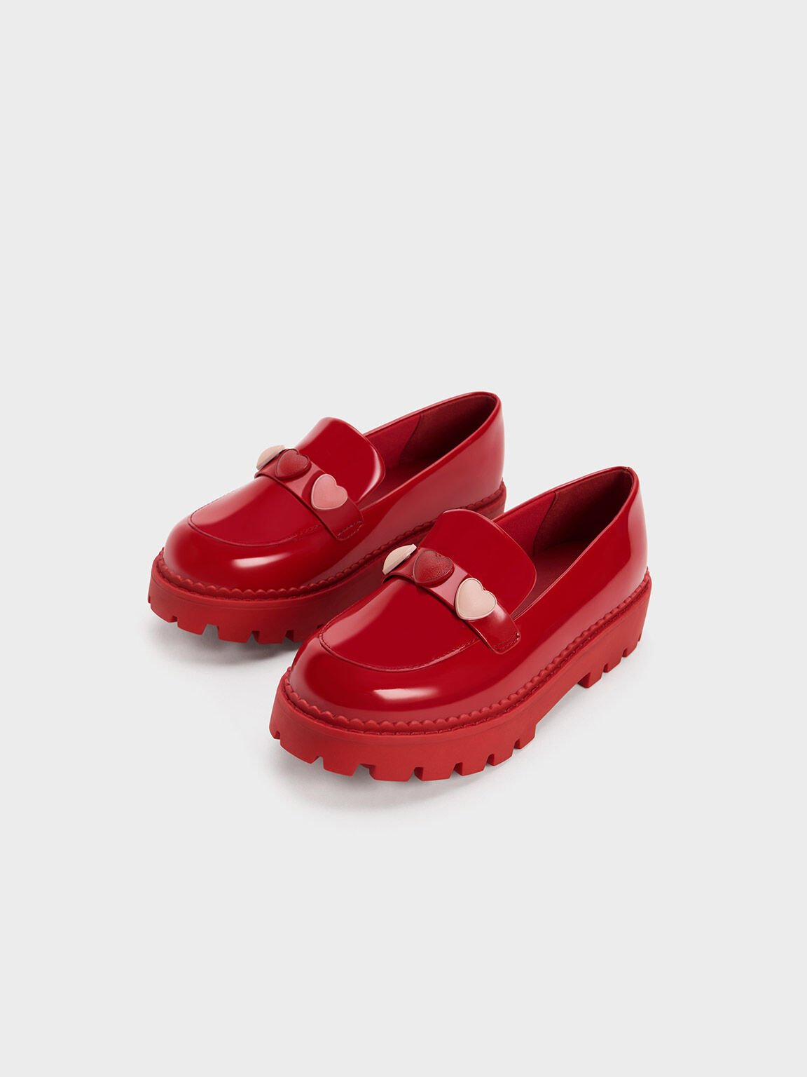 Girls Heart Motif Patent Penny Loafers Red