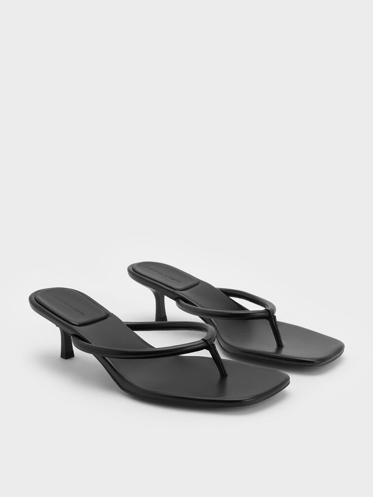 Square-Toe Kitten-Heel Thong Sandals, Black, hi-res