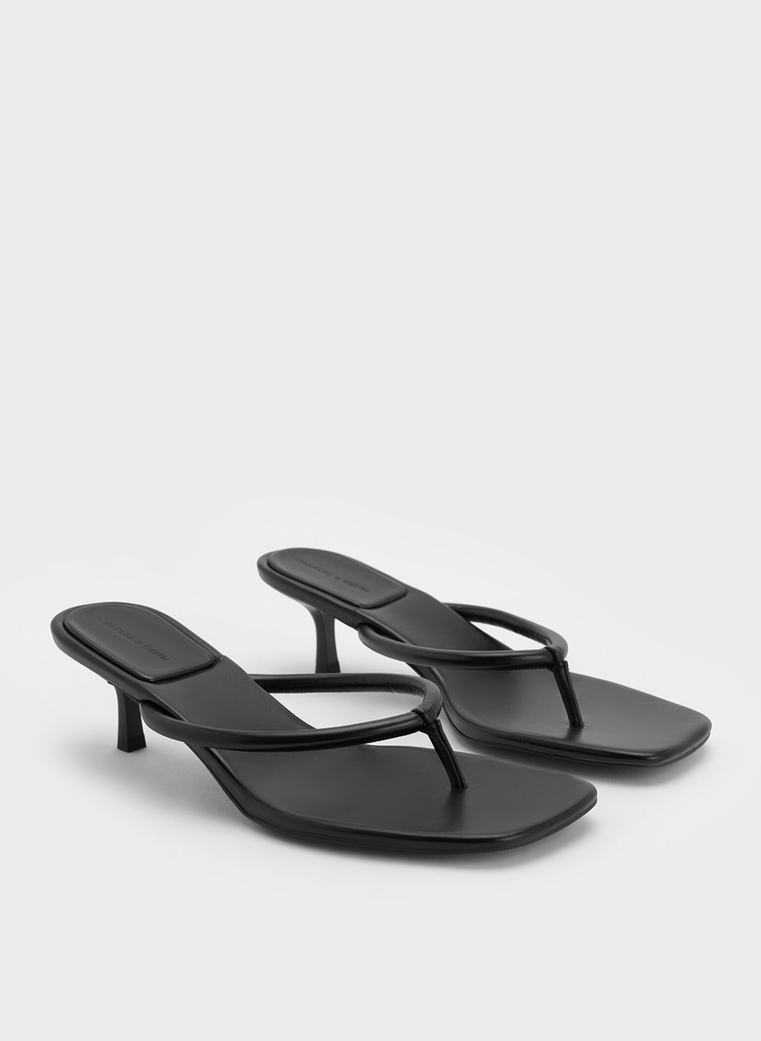 Square-Toe Kitten-Heel Thong Sandals, Black, hi-res