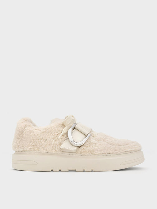 Gabine Leather Furry Sneakers, Beige, hi-res