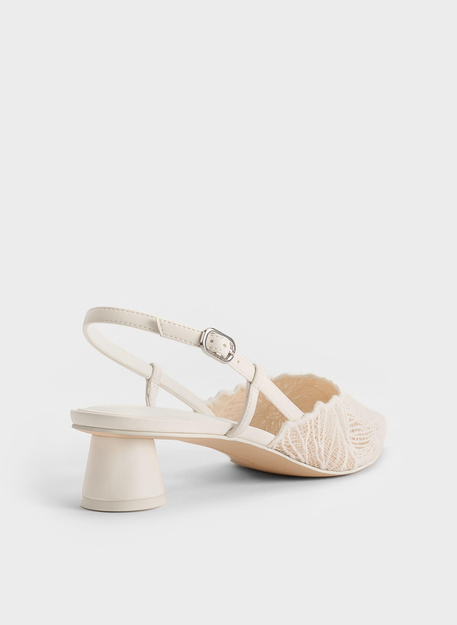 Crochet Floral Pointed-Toe Slingback Pumps, White, hi-res