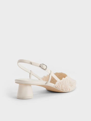 Crochet Floral Pointed-Toe Slingback Pumps, White, hi-res