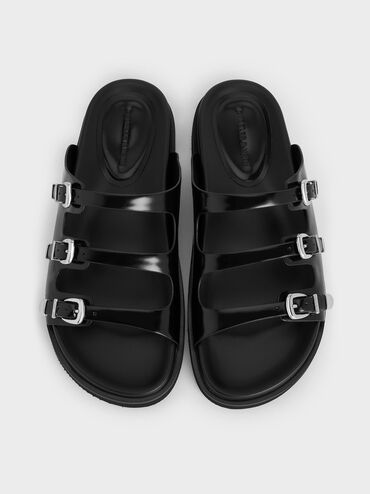 Buckled Triple-Strap Sandals, Black Box, hi-res