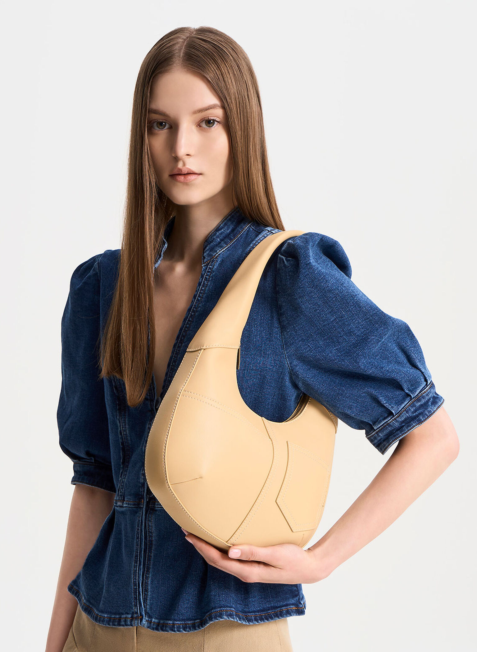 Anthea Contrast-Trim Curved Hobo Bag, Beige, hi-res