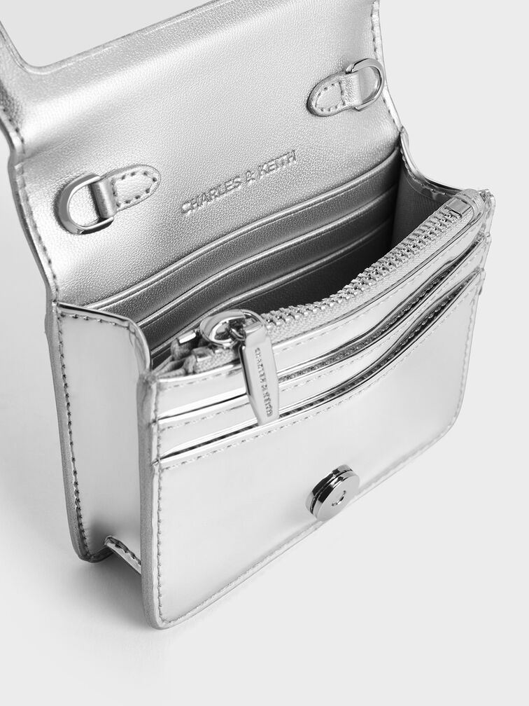 Agatha Metallic Chain-Accent Card Holder, Silver, hi-res