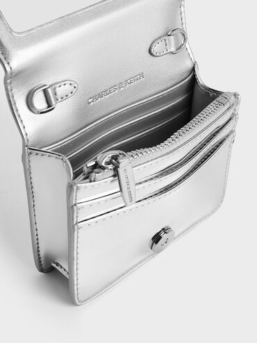 Agatha Metallic Chain-Accent Card Holder, Silver, hi-res