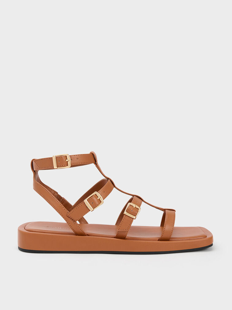 Buckled Gladiator Sandals, Cognac, hi-res