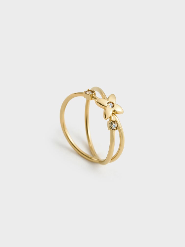 Felicity Flower-Motif Crystal Crossover Ring, Gold, hi-res