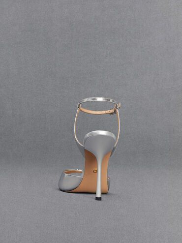 Metallic Leather Ankle Strap Pumps Silver