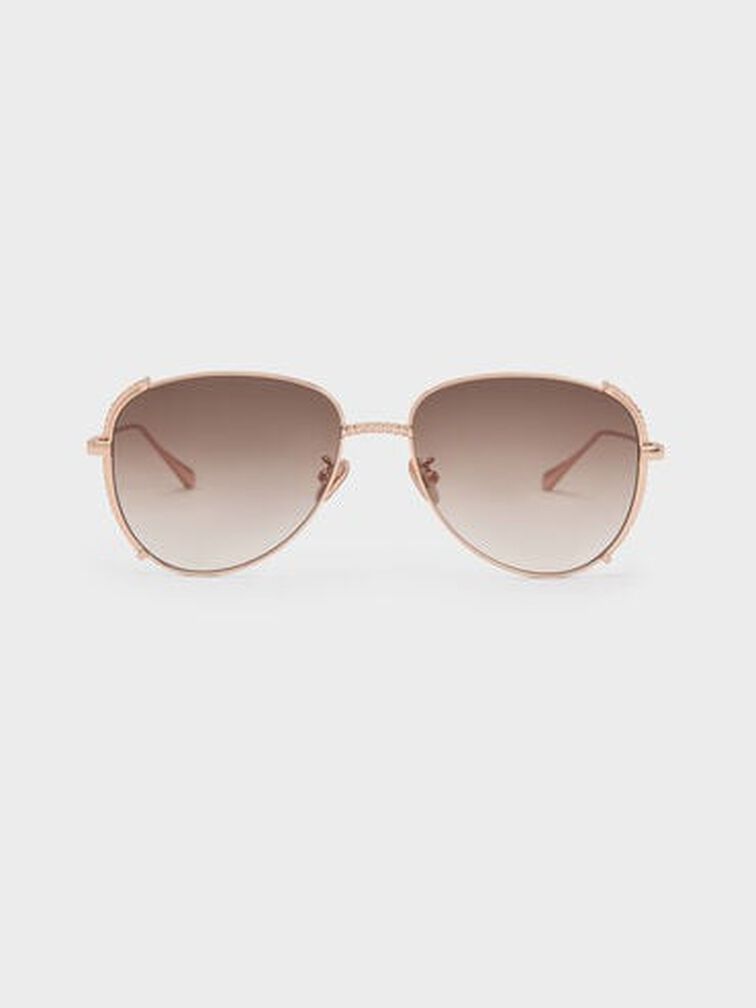 Gem-Embellished Wireframe Aviator Sunglasses, Rose Gold, hi-res