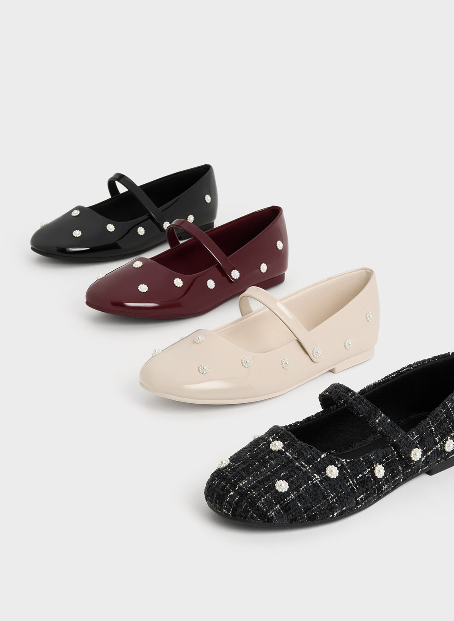 Girls' Patent Flower-Beaded Mary Janes, Cream, hi-res