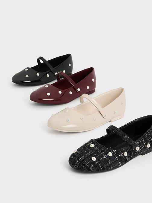 Girls' Patent Flower-Beaded Mary Janes, Cream, hi-res