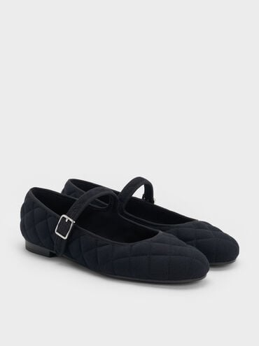 Carmel Felt Quilted Buckled Mary Jane Flats, Dark Blue, hi-res